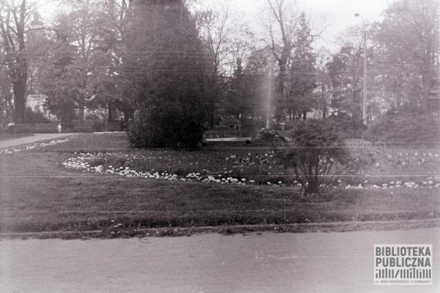 Fragment suwalskiego Parku Konstytucji 3 Maja, widoczna fontanna. Zdjęcie wykonane prawdopodobnie na początku l. 70. XX w.